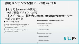 静的コンテンツ配信サーバ群 ver.2.0
【そもそもvarnishの設定】
・vclで複数ドメインに対応
→ドメイン毎に、振り先のnginx（replica volume）サー
バ群を変更可能 ■nginx(replica volume)への振り分け
director image01 round-robin {
{
.backend = replica11;
}
{
.backend = replica12;
}
}
director image02 round-robin {
{
.backend = replica21;
}
{
.backend = replica22;
}
}
■ドメインの振り分け
set req.http.host = regsub(req.http.host, ":8080$", "");
if ( req.http.host == "image01.hogehoge.jp" ) {
set req.backend = image01;
}
if ( req.http.host == "image02.hogehoge.jp" ) {
set req.backend = image02;
}
 