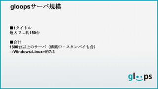 gloopsサーバ規模
■1タイトル
最大で…約150台
■合計
1800台以上のサーバ（構築中・スタンバイも含）
→Windows:Linux=約7:3
 