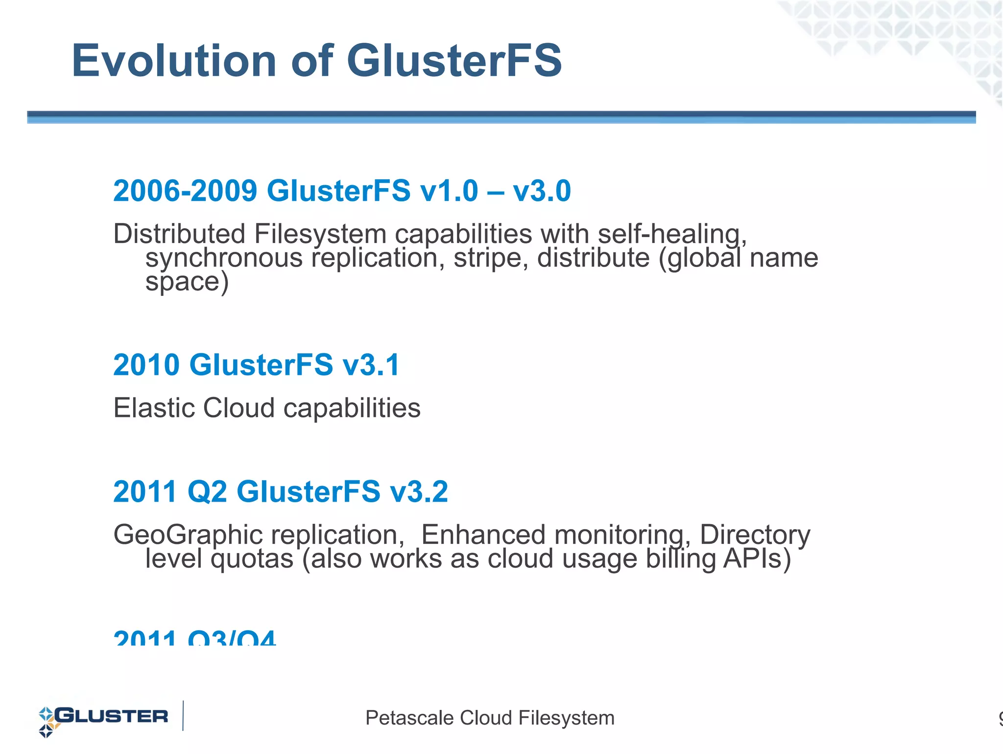 Evolution of GlusterFS 2006-2009 GlusterFS v1.0 – v3.0  Distributed Filesystem capabilities with self-healing, synchronous replication, stripe, distribute (global name space) 2010 GlusterFS v3.1 Elastic Cloud capabilities  2011 Q2 GlusterFS v3.2 GeoGraphic replication,  Enhanced monitoring, Directory level quotas (also works as cloud usage billing APIs) 2011 Q3/Q4  Hadoop HDFS drop-in replacement, Unified File and Object Storage (Amazon S3 compatible) and Near CDP. 