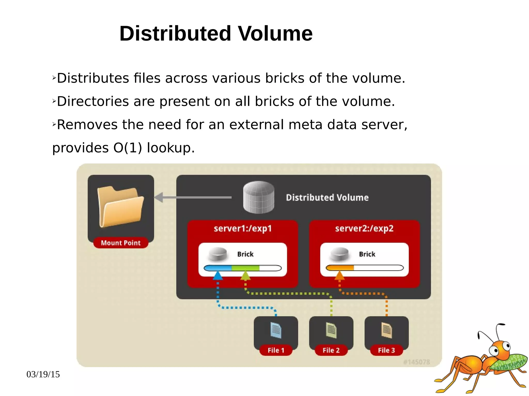 03/19/15
Distributed Volume
➢Distributes files across various bricks of the volume.
➢Directories are present on all bricks of the volume.
➢Removes the need for an external meta data server,
provides O(1) lookup.
 