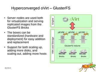 03/19/15
Hyperconverged oVirt – GlusterFS
● Server nodes are used both
for virtualization and serving
replicated images from the
GlusterFS Bricks
● The boxes can be
standardized (hardware and
deployment) for easy addition
and replacement
● Support for both scaling up,
adding more disks, and
scaling out, adding more hosts VMsandStorageEngine
GlusterFS Volume
Bricks Bricks Bricks
 