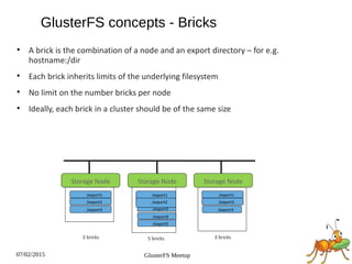 07/02/2015 GlusterFS Meetup

A brick is the combination of a node and an export directory – for e.g.
hostname:/dir

Each brick inherits limits of the underlying filesystem

No limit on the number bricks per node

Ideally, each brick in a cluster should be of the same size
/export3 /export3 /export3
Storage Node
/export1
Storage Node
/export2
/export1
/export2
/export4
/export5
Storage Node
/export1
/export2
3 bricks 5 bricks 3 bricks
GlusterFS concepts - Bricks
 