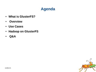 12/05/15
Agenda
● What is GlusterFS?
● Overview
● Use Cases
● Hadoop on GlusterFS
● Q&A
 