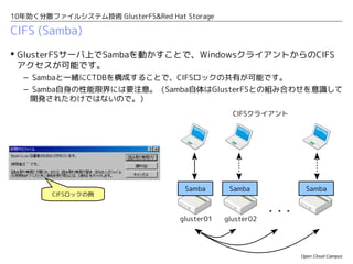 10年効く分散ファイルシステム技術 GlusterFS&Red Hat Storage

NFSマウント
 GlusterFSデーモンは独自のNFSサーバ機能を提供しています。
  – NFSv3のみ対応です。GlusterFSサーバ自身はNFSクライアントにはなれません。
  – クライアントごとに異なるノードにNFS接続しても構いません。
  – 分散ロック機能により、NFSロック情報はノード間で共有されます。

                                             # mount -t nfs -o mountvers=3 gluster02:/vol01 /mnt/vol01


  # mount -t nfs -o mountvers=3 gluster01:/vol01 /mnt/vol01




                                    NFSクライアント

             特定クライアントからの通信は                                                 クライアントごとに異なる
               特定ノードを経由する                                                    ノードに接続してもよい




                                                               ・・・
                                   gluster01      gluster02

                                                                                             Open Cloud Campus
 