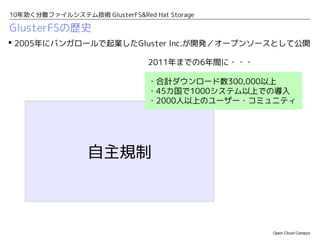 10年効く分散ファイルシステム技術 GlusterFS&Red Hat Storage

GlusterFSの歴史
 2005年にバンガロールで起業したGluster Inc.が開発／オープンソースとして公開

                                2011年までの6年間に・・・

                                ・合計ダウンロード数300,000以上
                                ・45カ国で1000システム以上での導入
                                ・2000人以上のユーザー・コミュニティ




                  自主規制



                                                  Open Cloud Campus
 