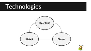 Technologies
OpenShift
GlusterHeketi
 