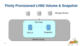 05/22/15
Thinly Provisioned LVM2 Volume & Snapshot
Storage devices
SnapshotThin LV
Thin Pool
Volume Group
 