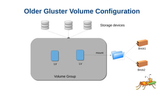 Older Gluster Volume Configuration
Storage devices
LV
Volume Group
Brick1
Brick2
LV
mount
 