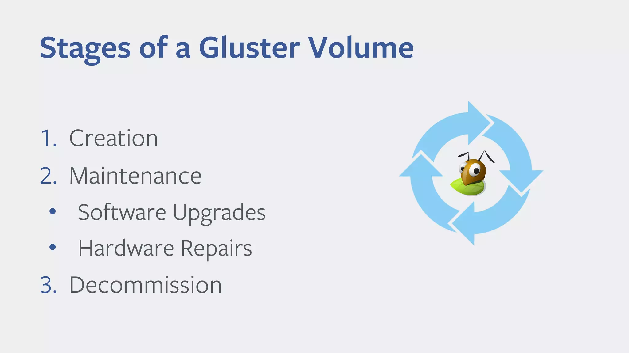 Stages of a Gluster Volume
1. Creation
2. Maintenance
• Software Upgrades
• Hardware Repairs
3. Decommission
 