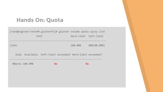 Hands On: Quota
[root@vagrant-testVM glusterfs]# gluster volume quota xyzzy list
Path Hard-limit Soft-limit
-----------------------------------------------------------------
/john 100.0MB 80%(80.0MB)
Used Available Soft-limit exceeded? Hard-limit exceeded?
--------------------------------------------------------------
0Bytes 100.0MB No No
 