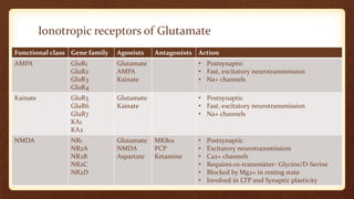 Ionotropic receptors of Glutamate
Functional class Gene family Agonists Antagonists Action
AMPA GluR1
GluR2
GluR3
GluR4
Glutamate
AMPA
Kainate
• Postsynaptic
• Fast, excitatory neurotransmission
• Na+ channels
Kainate GluR5
GluR6
GluR7
KA1
KA2
Glutamate
Kainate
• Postsynaptic
• Fast, excitatory neurotransmission
• Na+ channels
NMDA NR1
NR2A
NR2B
NR2C
NR2D
Glutamate
NMDA
Aspartate
MK801
PCP
Ketamine
• Postsynaptic
• Excitatory neurotransmission
• Ca2+ channels
• Requires co-transmitter- Glycine/D-Serine
• Blocked by Mg2+ in resting state
• Involved in LTP and Synaptic plasticity
 