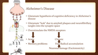 Alzheimer’s Disease
• Glutamate hypothesis of cognitive deficiency in Alzheimer’s
disease
• Glutamate “leak” due to amyloid plaques and neurofibrillary
tangles into the synaptic space
• Overstimulate the NMDA receptors
• Acute Chronic
• Memory problems Free Radical accumulation
Neuronal damage (Excitotoxicity)
 