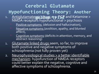 25
Cerebral Glutamate
Hypofunctioning Theory: Another
golden triad1. Antiglutamatergic drugs e.g. PCP and Ketamine >
NMDA receptors hypofunctional > psychosis
 Positive symptoms (delusion and hallucination),
 Negative symptoms (avolition, apathy, and blunted
affect),
 Cognitive symptoms (deficits in attention, memory, and
abstract reasoning)
1. Glutamate linked drugs seem, so far, to improve
both positive and negative symptoms of
schizophrenia (not fully proven yet)
2. Neurophysiological studies > a better identifiable
mechanism: hypofunction of NMDA receptors
could better explain the negative, cognitive and
affective symptoms of schizophrenia.
 