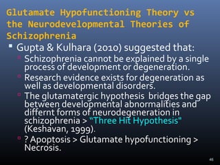 46
Glutamate Hypofunctioning Theory vs
the Neurodevelopmental Theories of
Schizophrenia
 Gupta & Kulhara (2010) suggested that:
 Schizophrenia cannot be explained by a single
process of development or degeneration.
 Research evidence exists for degeneration as
well as developmental disorders.
 The glutamatergic hypothesis bridges the gap
between developmental abnormalities and
differnt forms of neurodegeneration in
schizophrenia > “Three Hit Hypothesis"
(Keshavan, 1999).
 ? Apoptosis > Glutamate hypofunctioning >
Necrosis.
 
