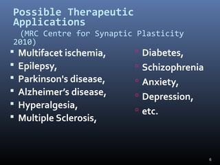 Possible Therapeutic
Applications
(MRC Centre for Synaptic Plasticity
2010)
 Multifacet ischemia,
 Epilepsy,
 Parkinson's disease,
 Alzheimer’s disease,
 Hyperalgesia,
 Multiple Sclerosis,
 Diabetes,
 Schizophrenia
 Anxiety,
 Depression,
 etc.
6
 
