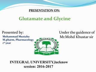 PRESENTATION ON:
Glutamate and Glycine
Presented by: Under the guidence of
Mr.Mohd Khustar sirMohammad Muztaba
M.pharm, Pharmacology
1st year
INTEGRAL UNIVERSITY,lucknow
session: 2016-2017
 
