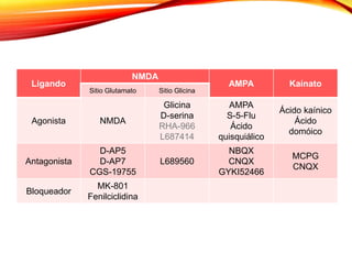 Ligando
NMDA
AMPA Kainato
Sitio Glutamato Sitio Glicina
Agonista NMDA
Glicina
D-serina
RHA-966
L687414
AMPA
S-5-Flu
Ácido
quisquiálico
Ácido kaínico
Ácido
domóico
Antagonista
D-AP5
D-AP7
CGS-19755
L689560
NBQX
CNQX
GYKI52466
MCPG
CNQX
Bloqueador
MK-801
Fenilciclidina
 
