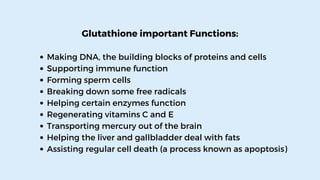 Making DNA, the building blocks of proteins and cells
Supporting immune function
Forming sperm cells
Breaking down some free radicals
Helping certain enzymes function
Regenerating vitamins C and E
Transporting mercury out of the brain
Helping the liver and gallbladder deal with fats
Assisting regular cell death (a process known as apoptosis)
Glutathione important Functions:
 