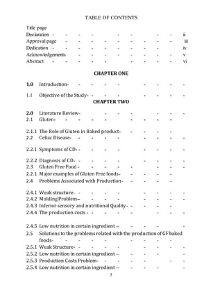 7
TABLE OF CONTENTS
Title page
Declaration - - - - - - - - ii
Approval page - - - - - - - - - iii
Dedication - - - - - - - - - iv
Acknowledgements - - - - - - - - v
Abstract - - - - - - - - - vi
CHAPTER ONE
1.0 Introduction- - - - - - - - -
1.1 Objective of the Study- - - - - - - -
CHAPTER TWO
2.0 Literature Review- - - - - - -
2.1 Gluten- - - - - - - - -
2.1.1 The Role of Gluten in Baked product- - - - -
2.2 Celiac Disease- - - - - - - - -
2.2.1 Symptoms of CD- - - - - - - - -
2.2.2 Diagnosis of CD- - - - - - - - -
2.3 Gluten Free Food - - - - - - - -
2.2.1 Major examples of Gluten Free foods- - - - -
2.4 ProblemsAssociated with Production- - - - -
2.4.1 Weak structure- - - - - - - - -
2.4.2 MoldingProblem-- - - - - - - -
2.4.3 Inferior sensory and nutritional Quality- - - - -
2.4.4 The production costs - - - - - - - -
2.4.5 Low nutrition in certain ingredient -- - - - -
2.5 Solutions to the problemsrelated with the production of GFbaked
foods- - - - - - - - -
2.5.1 Weak Structure- - - - - - - - -
2.5.2 Low nutrition in certain ingredient -- - - - -
2.5.3 Production Costs Problem- - - - - - -
2.5.4 Low nutrition in certain ingredient -- - - - -
 