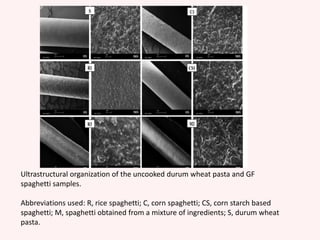 Ultrastructural organization of the uncooked durum wheat pasta and GF
spaghetti samples.
Abbreviations used: R, rice spaghetti; C, corn spaghetti; CS, corn starch based
spaghetti; M, spaghetti obtained from a mixture of ingredients; S, durum wheat
pasta.
 
