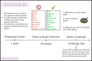 www.healthcons.com
Gluten Challenge Test
1. Eliminate from your kitchen
any gluten containing foods
2. Try alternatives to...