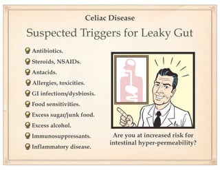 Celiac Disease

Suspected Triggers for Leaky Gut
Antibiotics.
Steroids, NSAIDs.
Antacids.
 Allergies, toxicities.
GI infections/dysbiosis.
Food sensitivities.
Excess sugar/junk food.
Excess alcohol.
Immunosuppressants.              Are you at increased risk for
                                intestinal hyper-permeability?
Inflammatory disease.
 