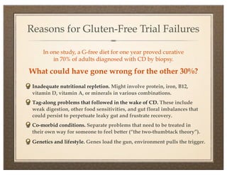 Reasons for Gluten-Free Trial Failures

     In one study, a G-free diet for one year proved curative
         in 70% of adults diagnosed with CD by biopsy.

What could have gone wrong for the other 30%?
 Inadequate nutritional repletion. Might involve protein, iron, B12,
 vitamin D, vitamin A, or minerals in various combinations.
 Tag-along problems that followed in the wake of CD. These include
 weak digestion, other food sensitivities, and gut floral imbalances that
 could persist to perpetuate leaky gut and frustrate recovery.
 Co-morbid conditions. Separate problems that need to be treated in
 their own way for someone to feel better (“the two-thumbtack theory”).
 Genetics and lifestyle. Genes load the gun, environment pulls the trigger.
 