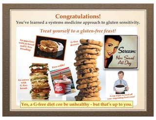 Congratulations!
You’ve learned a systems medicine approach to gluten sensitivity.

                Treat yourself to a gluten-free feast!
 An app
        et
 with no izer                        G-free
        bre                                 t:
  and G-f ad                         desser
         ree
  breadin
          g:




                           reﬁlls!
                      Free




 An entree
   with
  G-free
  bread:

                                                                to ward off
                                                   A cup of Joe             a?
                                                              ing food com
                                                 your impend

   Yes, a G-free diet can be unhealthy - but that’s up to you.
 