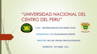“UNIVERSIDAD NACIONAL DEL 
CENTRO DEL PERU” 
TEMA: METABOLISMO EN LOS SERES VIVOS 
PRESENTADO POR: ELIAS MOLINA CRISPIN 
MAESTRO: ING. MG. RAFAEL PANTOJA ESQUIVEL 
HUANCAYO, OCTUBRE , 2014 
 