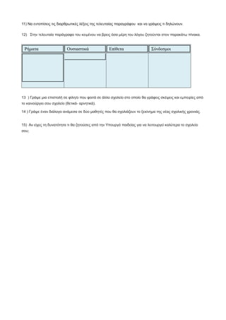 11) Να εντοπίσεις τις διαρθρωτικές λέξεις της τελευταίας παραγράφου και να γράψεις τι δηλώνουν.
12) Στην τελευταία παράγραφο του κειμένου να βρεις όσα μέρη του λόγου ζητούνται στον παρακάτω πίνακα.
Ρήματα Ουσιαστικά Επίθετα Σύνδεσμοι
13 ) Γράψε μια επιστολή σε φίλη/ο που φοιτά σε άλλο σχολείο στο οποίο θα γράφεις σκέψεις και εμπειρίες από
το καινούργιο σου σχολείο (θετικά- αρνητικά).
14 ) Γράψε έναν διάλογο ανάμεσα σε δύο μαθητές που θα σχολιάζουν το ξεκίνημα της νέας σχολικής χρονιάς.
15) Αν είχες τη δυνατότητα τι θα ζητούσες από την Υπουργό παιδείας για να λειτουργεί καλύτερα το σχολείο
σου;
 