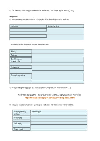 6) Στο δικό σου σπίτι υπάρχουν ηλικιωμένα πρόσωπα; Ποια είναι η σχέση σου μαζί τους;
Β Δράσεις:
6) Χώρισε το κείμενο σε νοηματικές ενότητες και δώσε ένα πλαγιότιτλο σε καθεμιά:
Ενότητες Πλαγιότιτλοι
7)Συμπλήρωσε τον πίνακα με στοιχεία από το κείμενο:
Τόπος
Χρόνος
Συνθήκες που
επικρατούν
Πρόσωπα
Βασικά γεγονότα
8) Να σχολιάσεις τον αφηγητή του κειμένου ( ποιος αφηγείται, σε ποιο πρόσωπο ….)
Αφήγηση-αφηγητής , αφηγηματικοί τρόποι , αφηγηματικές τεχνικές
http://filologosab.blogspot.com/2020/07/blog-post_5.html
9) Να βρεις τους αφηγηματικούς τρόπους και να δώσεις ένα παράδειγμα για τον καθένα.
Αφηγηματικός
τρόπος
παράδειγμα
Αφήγηση
Διάλογος
Περιγραφή
 