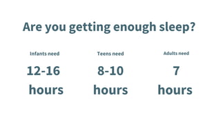 Are you getting enough sleep?
7
hours
Adults need
8-10
hours
Teens need
12-16
hours
Infants need
 