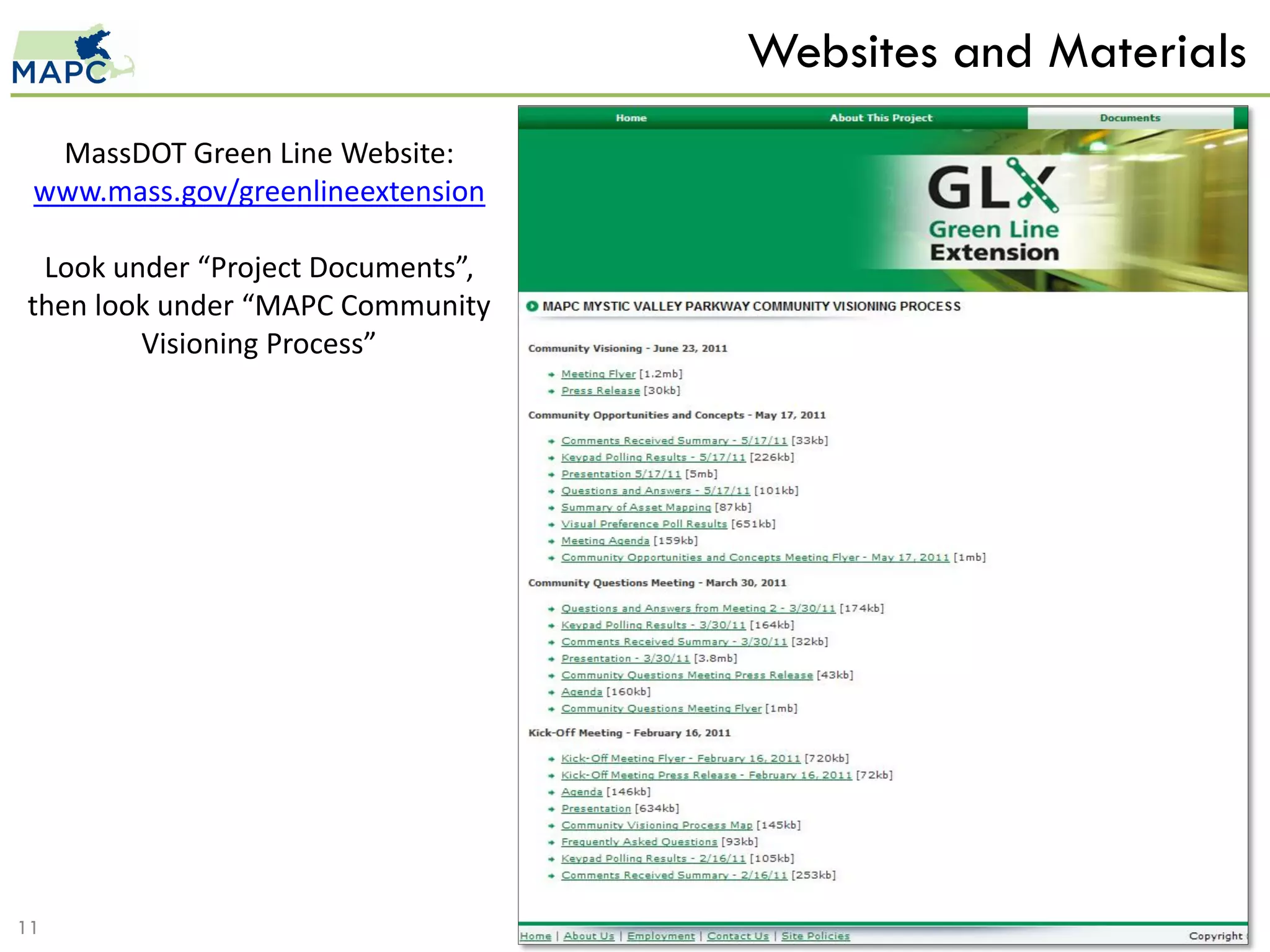 Websites and Materials
  MassDOT Green Line Website:
 www.mass.gov/greenlineextension

 Look under “Project Documents”,
then look under “MAPC Community
        Visioning Process”




11
 