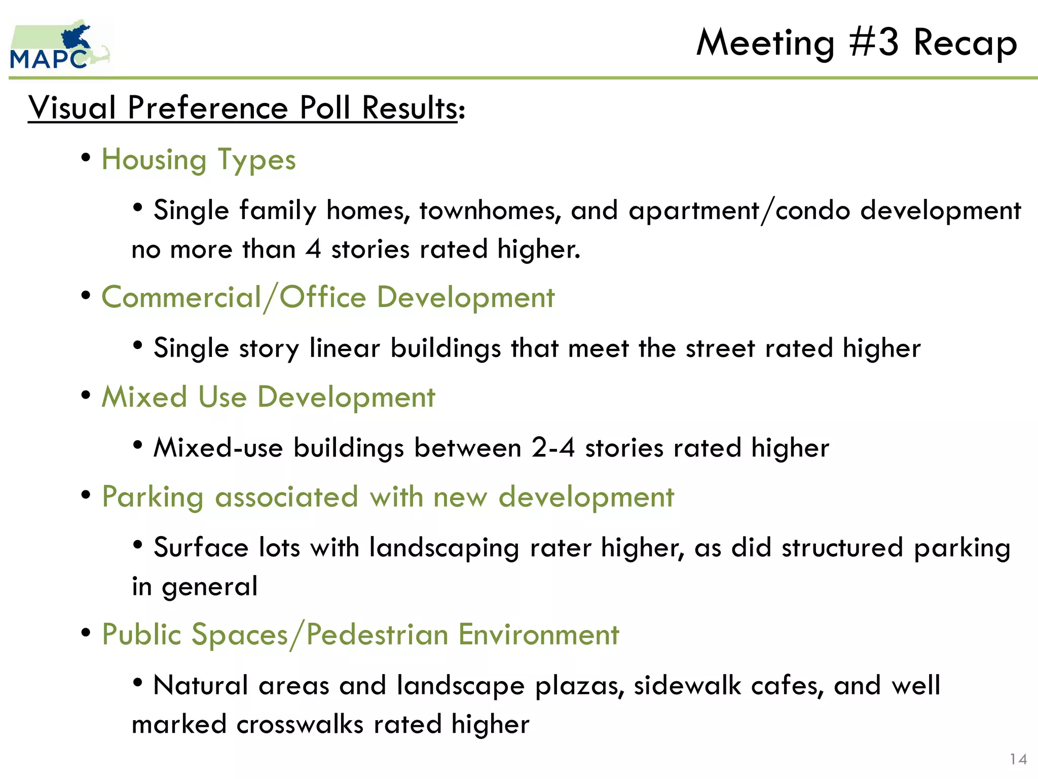 Meeting #3 Recap
Visual Preference Poll Results:
   • Housing Types
       • Single family homes, townhomes, and apartment/condo development
       no more than 4 stories rated higher.
   • Commercial/Office Development
       • Single story linear buildings that meet the street rated higher
   • Mixed Use Development
       • Mixed-use buildings between 2-4 stories rated higher
   • Parking associated with new development
       • Surface lots with landscaping rater higher, as did structured parking
       in general
   • Public Spaces/Pedestrian Environment
       • Natural areas and landscape plazas, sidewalk cafes, and well
       marked crosswalks rated higher
                                                                             14
 