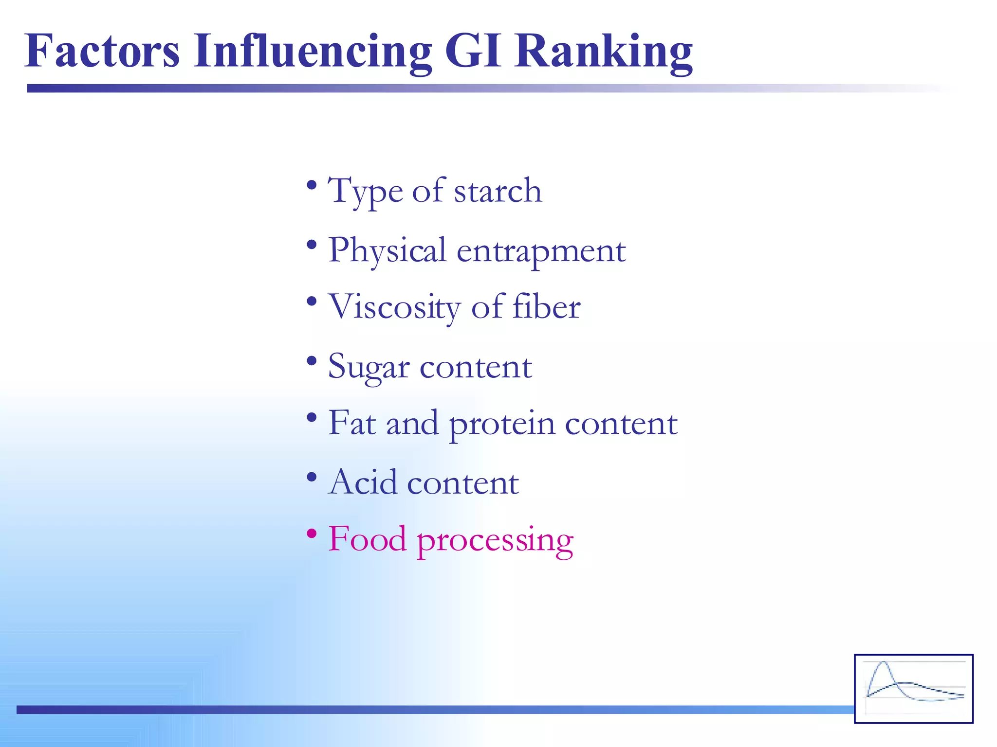 Factors Influencing GI Ranking Type of starch Physical entrapment Viscosity of fiber Sugar content Fat and protein content Acid content Food processing 