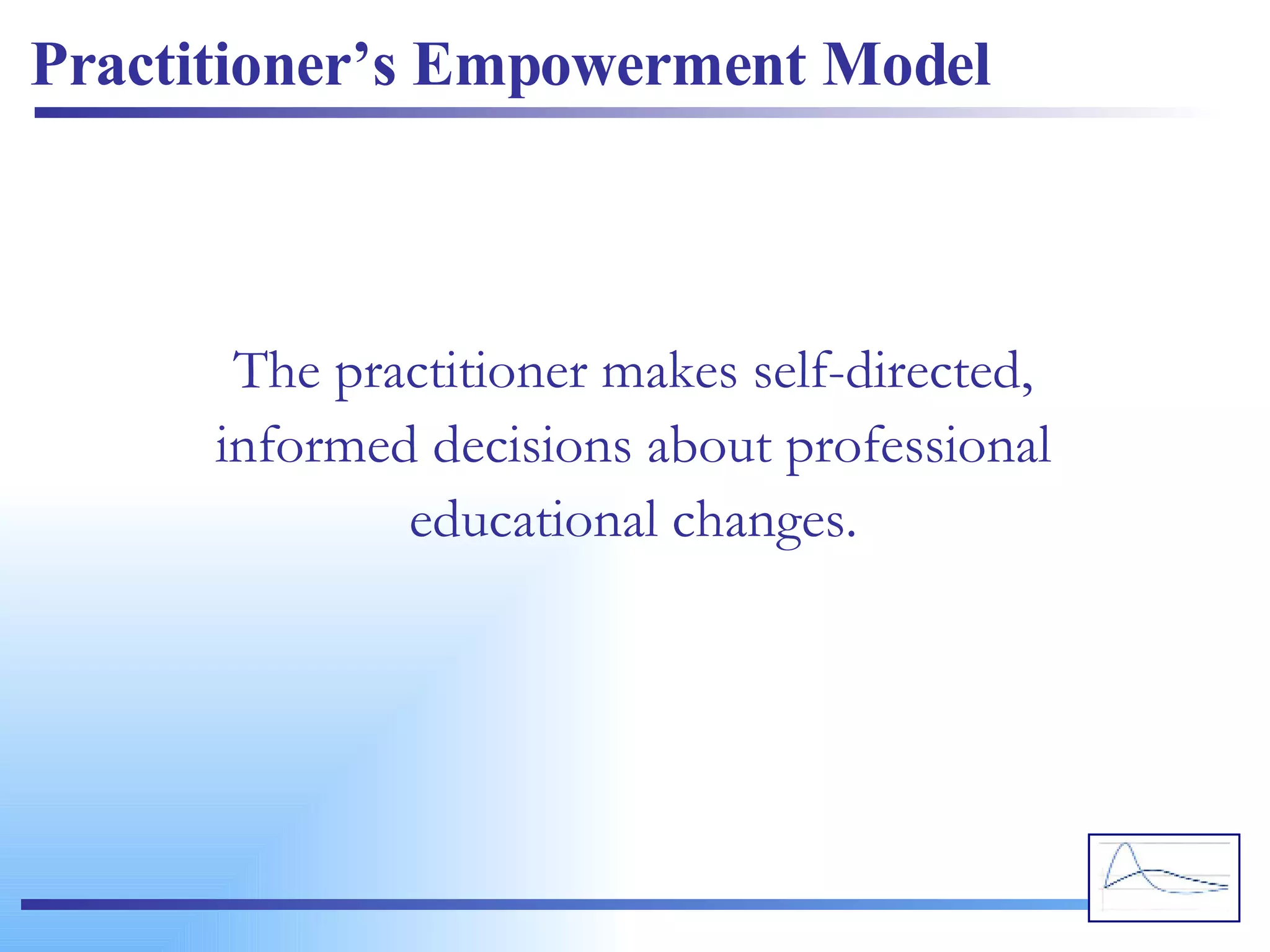 Practitioner’s Empowerment Model The practitioner makes self-directed, informed decisions about professional educational changes. 