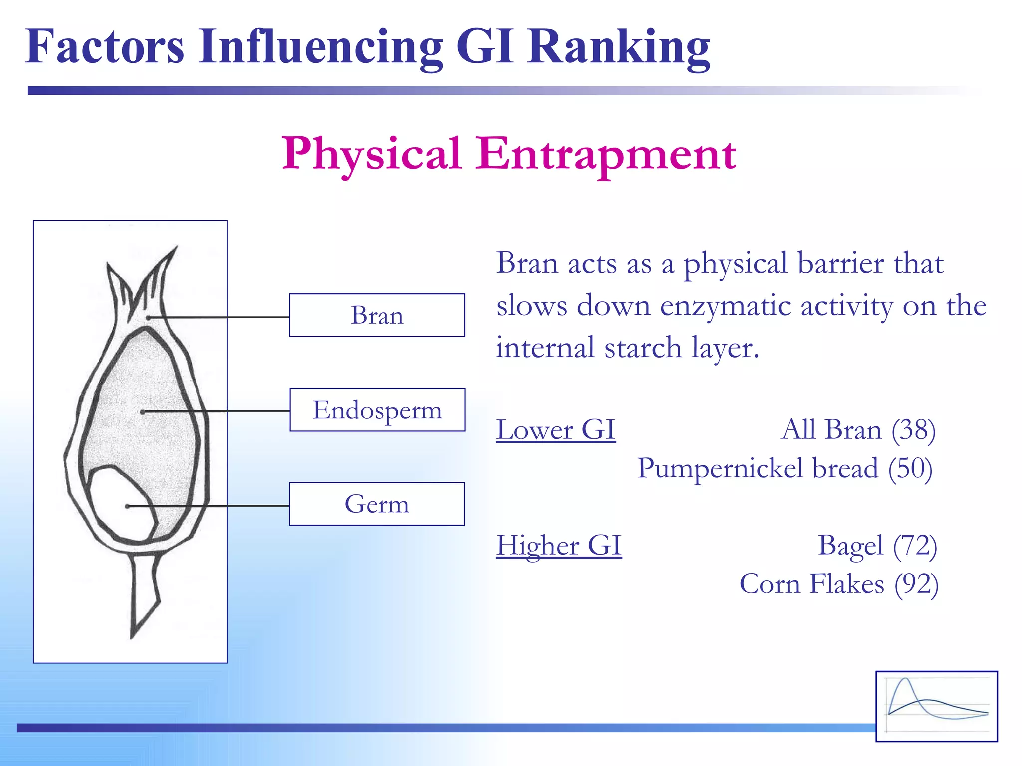 Factors Influencing GI Ranking Physical Entrapment Endosperm Bran Germ Bran acts as a physical barrier that slows down enzymatic activity on the internal starch layer. Lower GI   All Bran (38)   Pumpernickel bread (50) Higher GI   Bagel (72)   Corn Flakes (92) 