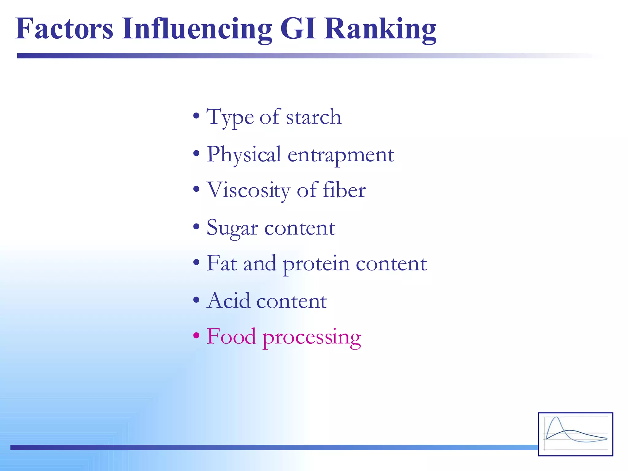Factors Influencing GI Ranking Type of starch Physical entrapment Viscosity of fiber Sugar content Fat and protein content Acid content Food processing 