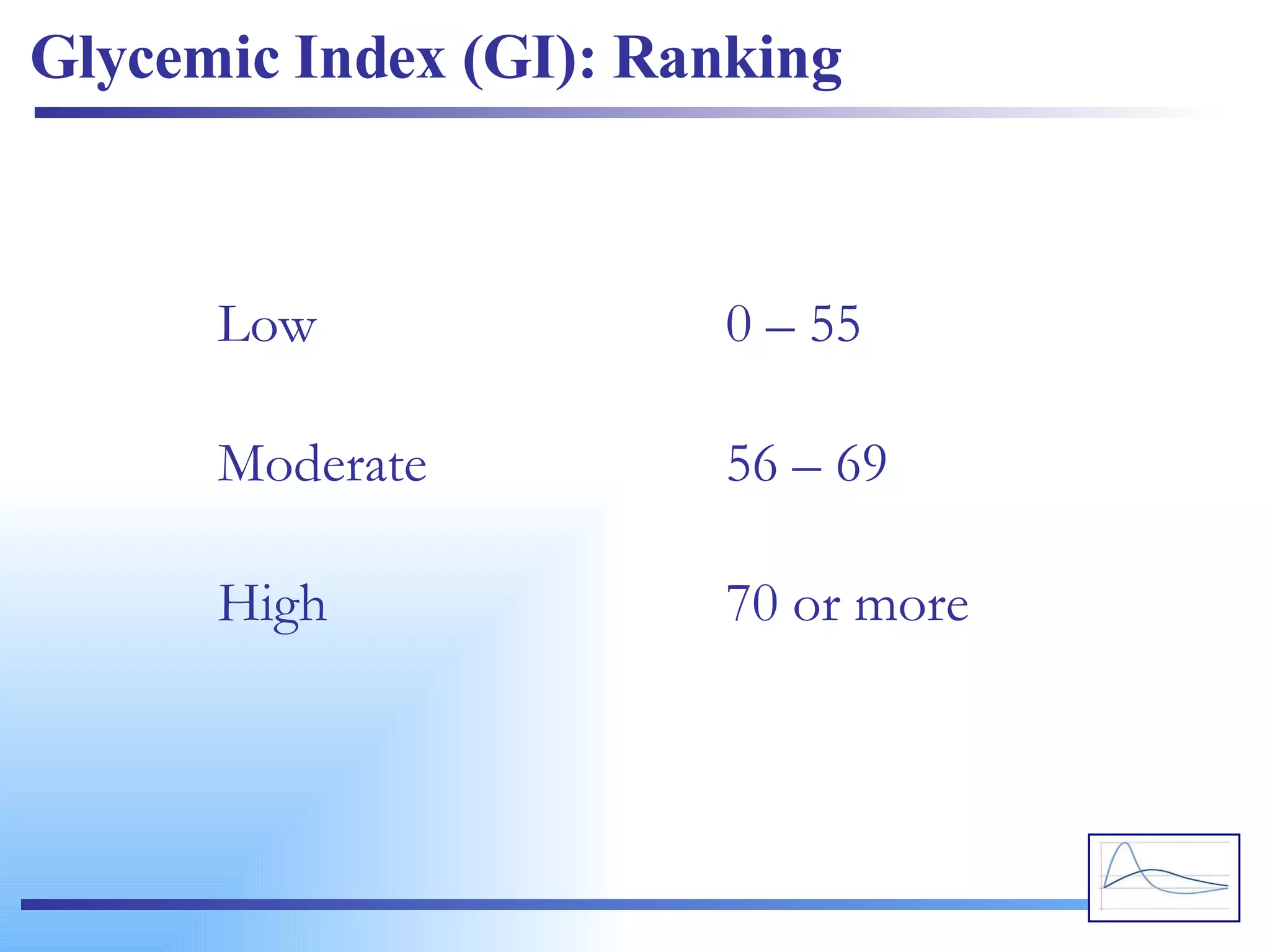Glycemic Index (GI): Ranking Low 0 – 55  Moderate 56 – 69 High 70 or more 