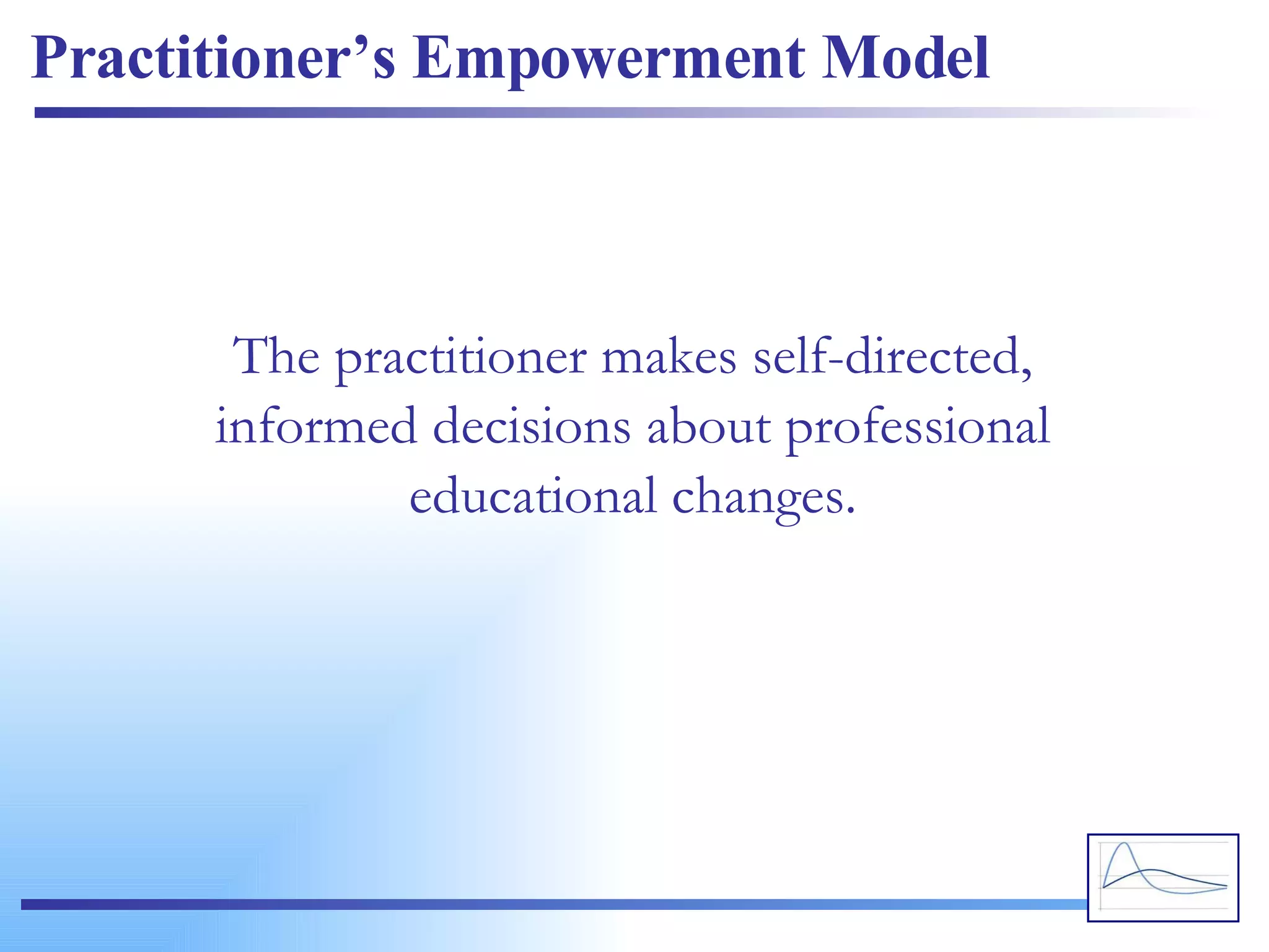 Practitioner’s Empowerment Model The practitioner makes self-directed, informed decisions about professional educational changes. 