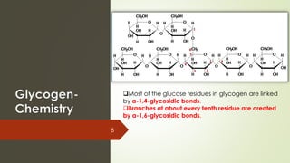 6
❑Most of the glucose residues in glycogen are linked
by α-1,4-glycosidic bonds.
❑Branches at about every tenth residue are created
by α-1,6-glycosidic bonds.
 