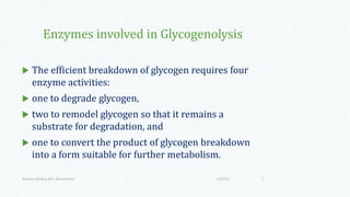 Enzymes involved in Glycogenolysis
 The efficient breakdown of glycogen requires four
enzyme activities:
 one to degrade glycogen,
 two to remodel glycogen so that it remains a
substrate for degradation, and
 one to convert the product of glycogen breakdown
into a form suitable for further metabolism.
1/6/2017Namrata Chhabra, M.D., Biochemistry 7
 