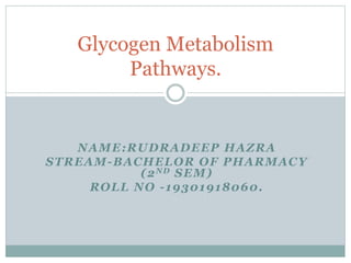 NAME:RUDRADEEP HAZRA
STREAM-BACHELOR OF PHARMACY
(2ND SEM)
ROLL NO -19301918060.
Glycogen Metabolism
Pathways.
 