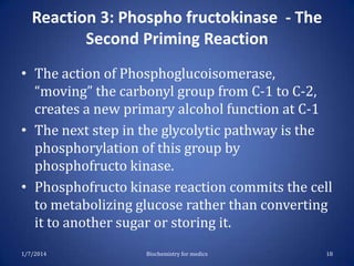 Reaction 3: Phospho fructokinase - The
Second Priming Reaction
• The action of Phosphoglucoisomerase,
“moving” the carbonyl group from C-1 to C-2,
creates a new primary alcohol function at C-1
• The next step in the glycolytic pathway is the
phosphorylation of this group by
phosphofructo kinase.
• Phosphofructo kinase reaction commits the cell
to metabolizing glucose rather than converting
it to another sugar or storing it.
1/7/2014

Biochemistry for medics

18

 