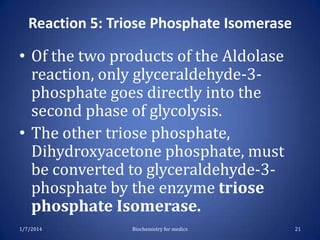 Reaction 5: Triose Phosphate Isomerase

• Of the two products of the Aldolase
reaction, only glyceraldehyde-3phosphate goes directly into the
second phase of glycolysis.
• The other triose phosphate,
Dihydroxyacetone phosphate, must
be converted to glyceraldehyde-3phosphate by the enzyme triose
phosphate Isomerase.
1/7/2014

Biochemistry for medics

21

 