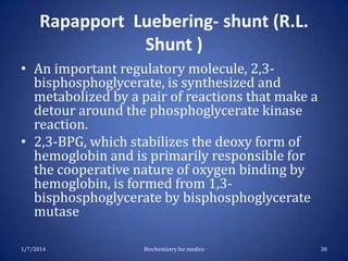 Rapapport Luebering- shunt (R.L.
Shunt )
• An important regulatory molecule, 2,3bisphosphoglycerate, is synthesized and
metabolized by a pair of reactions that make a
detour around the phosphoglycerate kinase
reaction.
• 2,3-BPG, which stabilizes the deoxy form of
hemoglobin and is primarily responsible for
the cooperative nature of oxygen binding by
hemoglobin, is formed from 1,3bisphosphoglycerate by bisphosphoglycerate
mutase
1/7/2014

Biochemistry for medics

30

 