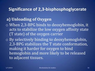 Significance of 2,3-bisphosphoglycerate
a) Unloading of Oxygen
o When 2,3-BPG binds to deoxyhemoglobin, it
acts to stabilize the low oxygen affinity state
(T state) of the oxygen carrier
o By selectively binding to deoxyhemoglobin,
2,3-BPG stabilizes the T state conformation,
making it harder for oxygen to bind
hemoglobin and more likely to be released
to adjacent tissues.
1/7/2014

Biochemistry for medics

32

 