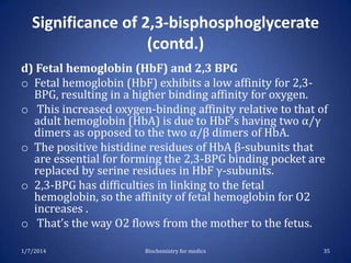 Significance of 2,3-bisphosphoglycerate
(contd.)
d) Fetal hemoglobin (HbF) and 2,3 BPG
o Fetal hemoglobin (HbF) exhibits a low affinity for 2,3BPG, resulting in a higher binding affinity for oxygen.
o This increased oxygen-binding affinity relative to that of
adult hemoglobin (HbA) is due to HbF's having two α/γ
dimers as opposed to the two α/β dimers of HbA.
o The positive histidine residues of HbA β-subunits that
are essential for forming the 2,3-BPG binding pocket are
replaced by serine residues in HbF γ-subunits.
o 2,3-BPG has difficulties in linking to the fetal
hemoglobin, so the affinity of fetal hemoglobin for O2
increases .
o That’s the way O2 flows from the mother to the fetus.
1/7/2014

Biochemistry for medics

35

 