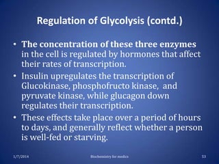 Regulation of Glycolysis (contd.)
• The concentration of these three enzymes
in the cell is regulated by hormones that affect
their rates of transcription.
• Insulin upregulates the transcription of
Glucokinase, phosphofructo kinase, and
pyruvate kinase, while glucagon down
regulates their transcription.
• These effects take place over a period of hours
to days, and generally reflect whether a person
is well-fed or starving.
1/7/2014

Biochemistry for medics

53

 