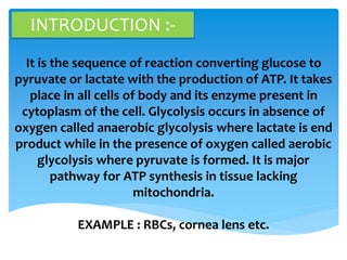 INTRODUCTION :-
It is the sequence of reaction converting glucose to
pyruvate or lactate with the production of ATP. It takes
place in all cells of body and its enzyme present in
cytoplasm of the cell. Glycolysis occurs in absence of
oxygen called anaerobic glycolysis where lactate is end
product while in the presence of oxygen called aerobic
glycolysis where pyruvate is formed. It is major
pathway for ATP synthesis in tissue lacking
mitochondria.
EXAMPLE : RBCs, cornea lens etc.
 